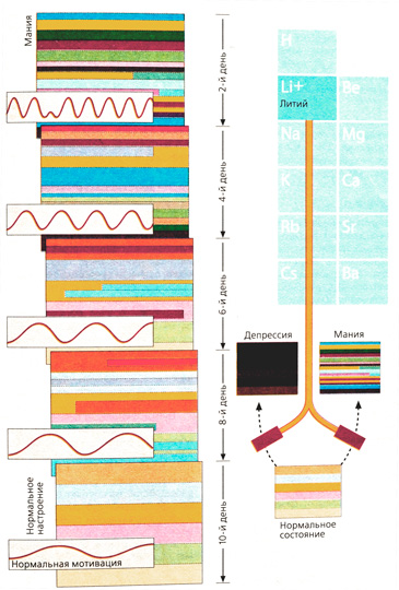 А. Действие солей лития при маниакальном состоянии