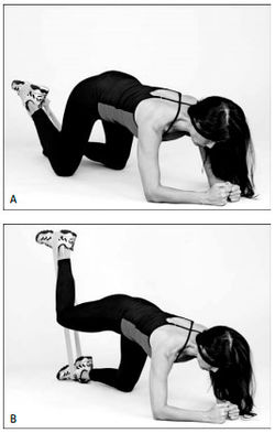 Рис. 2. Отведение ноги со жгутом. Между повторениями колено должно почти касаться пола, но не опираться на него