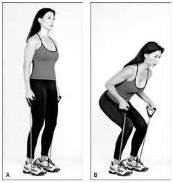 Рис. 1. Приседания с эспандером. Никогда не опускайтесь ниже точки, в которой бедра параллельны полу