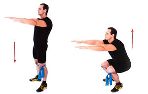 Приседания с лентой на ногах