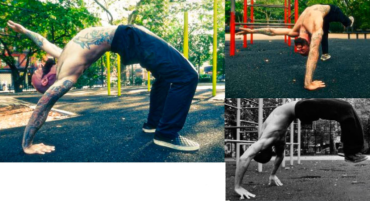 «Мостик» на одной руке укрепит руки, плечи и спину перед вьшолнением упражнения «макака» на одной руке. «Мостик» «ящерица» представляет собой еще более продвинутую технику: при выпрямлении одной руки и одной ноги создается полезная нагрузка на мышцы конечностей и корпуса. Еще одна причина научиться профессионально выполнять стойку «мостик», перед тем как пытаться перейти к следующим упражнениям: посмотрите на промежуточную стадию переворота назад (седьмая ступень).