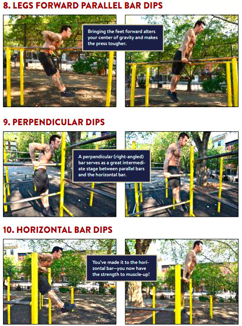 8. Жим на брусьях с вытянутыми ногами, 9. Жим на перпендикулярных брусьях, 10. Жим на перекладине