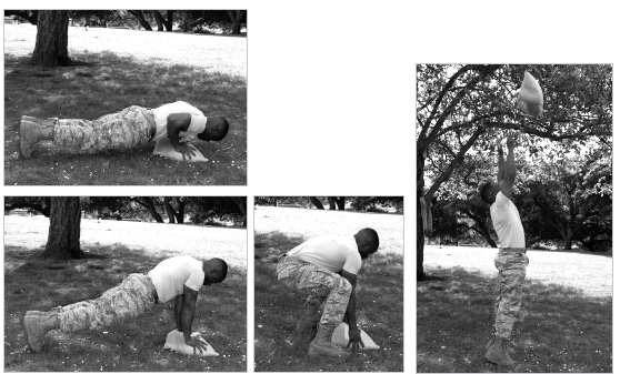 Отжимание, приседание и бросок мешка