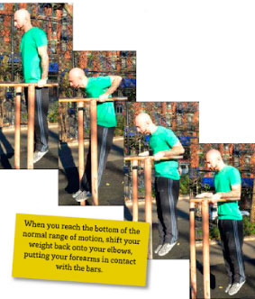 Отжимания на брусьях с выходом на предплечья