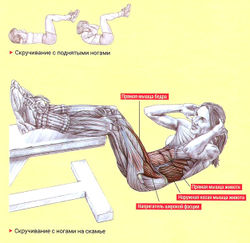 Скручивание с ногами на скамье